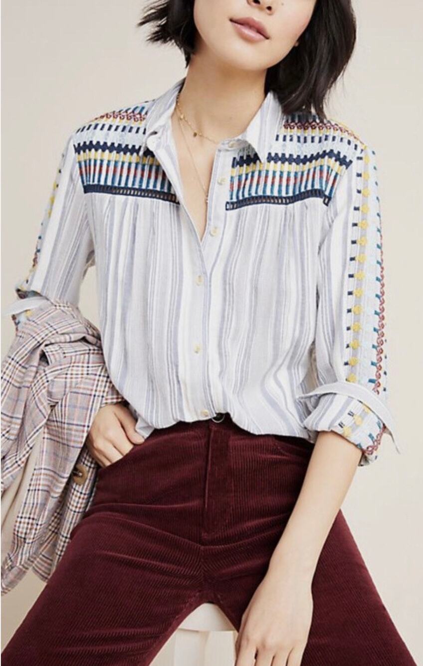 NWT / Anthropologie Pilcro‎ The Cate Embroidered Striped Buttondown Shirt / XXS